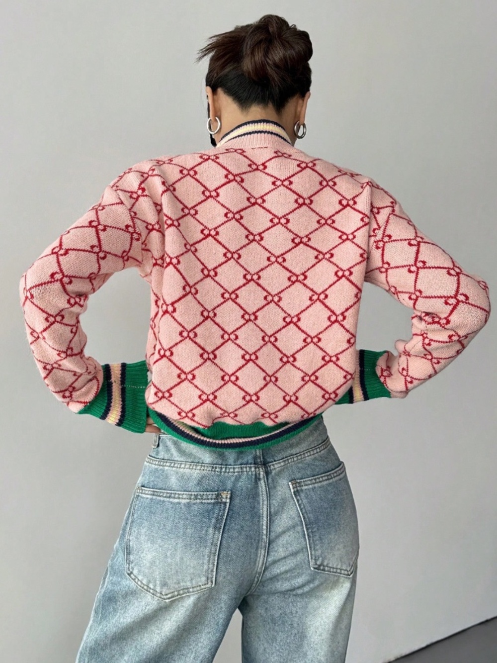 Pink Geometric Pattern Knit Pullover Sweater Stripe Details Long Sleeve - Picture 3 of 7